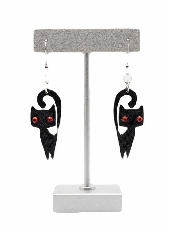 Artisan Jewelry - New Black Cat Handmade Artisan 3D Printed S925 Sterling Silver Dangle Earrings